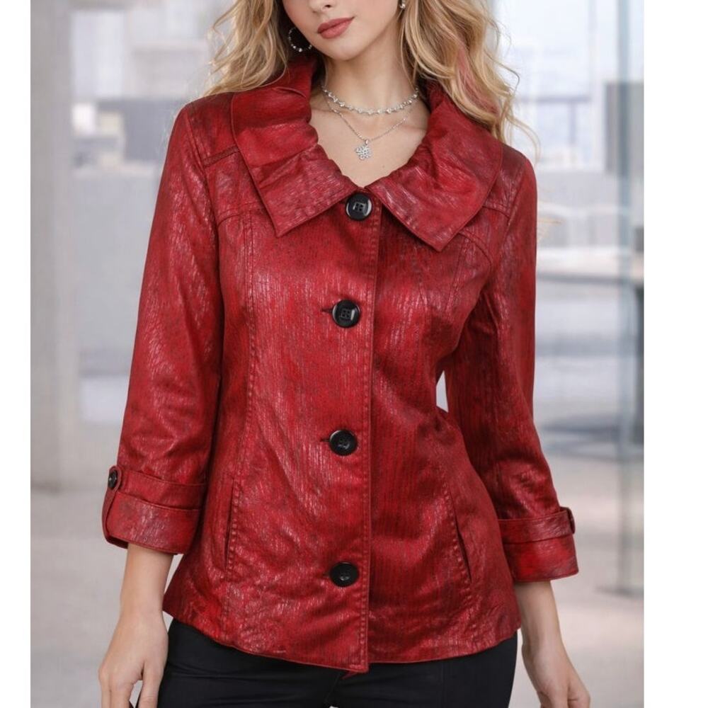 Vintage Y2K  Nancy Bolen City Girl Jacket  Blazer Ruffle Collar Red Office Siren